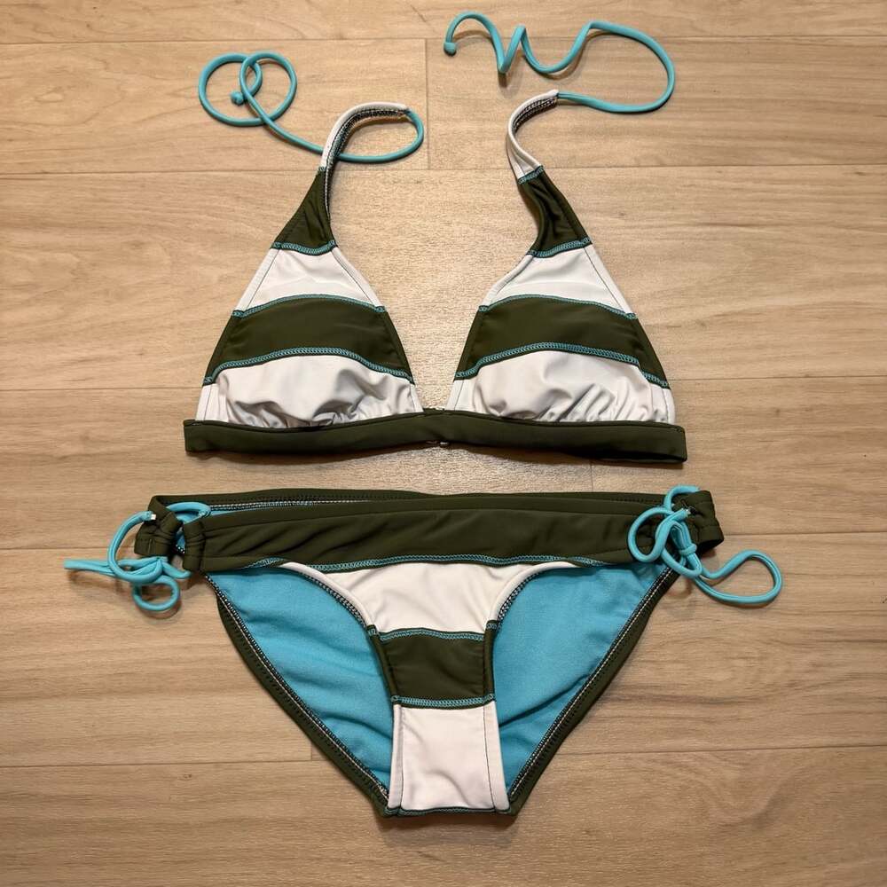 Vintage Y2K Bikini Set Stripe Halter Triangle Swimsuit Green Blue XS/S